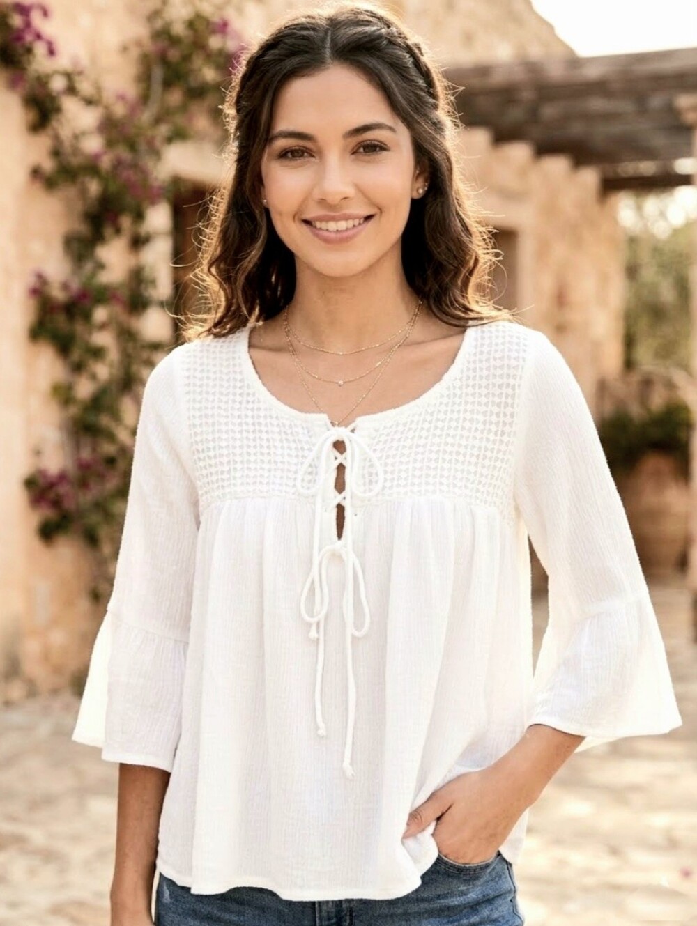 FB Sister Front-Tie Smocked Pure White Vintage Boho Blouse Size XXS